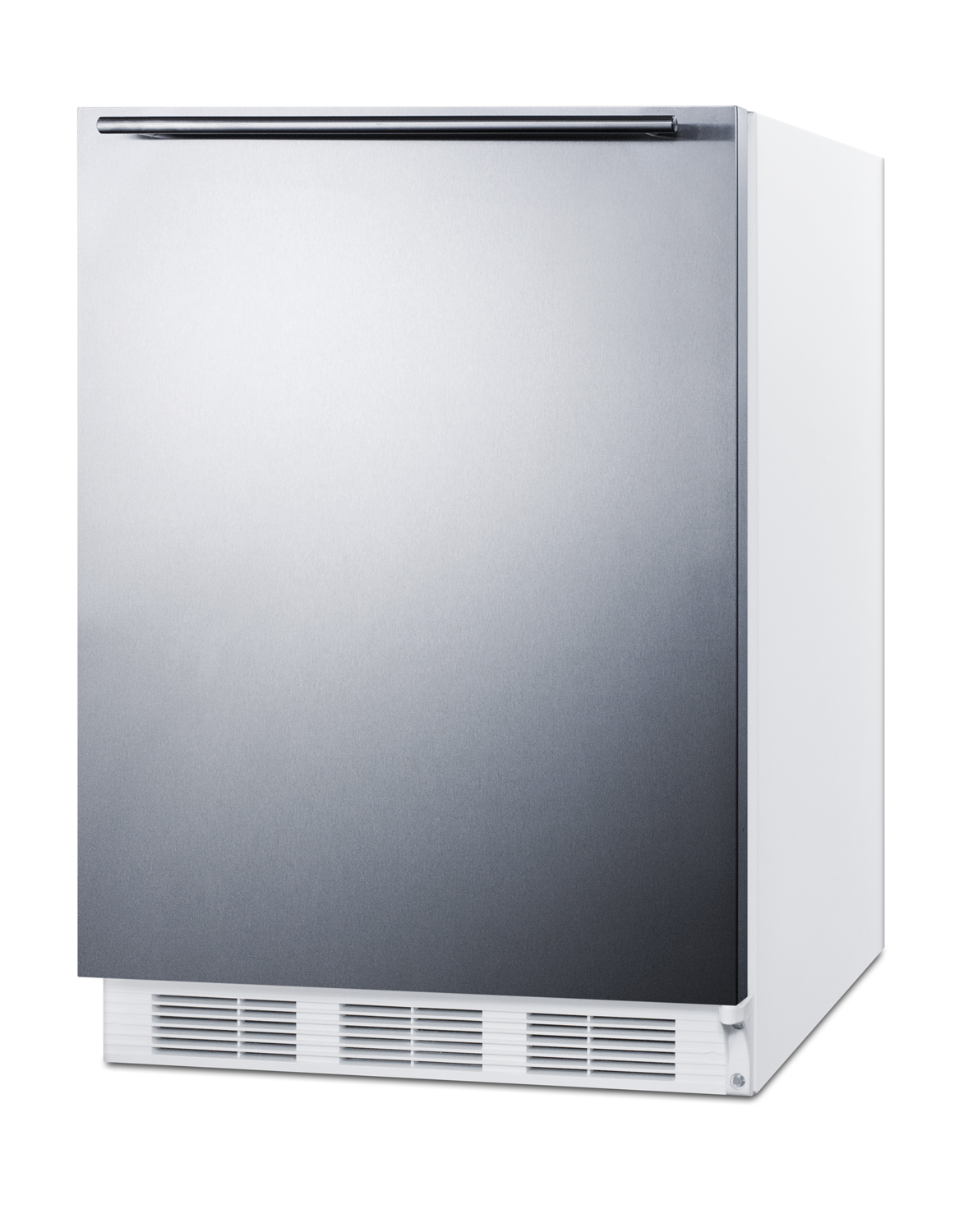 Built-in undercounter refrigerator-freezer for residential use, cycle defrost with a stainless steel wrapped door, horizontal handle, and white cabinet